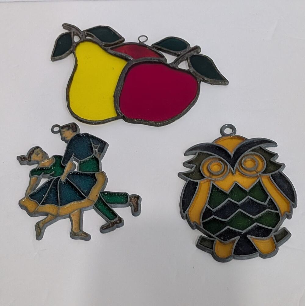 Vintage Stained Glass Suncatcher Lot 3 Owl Folk Square Dancer Couple Pear
